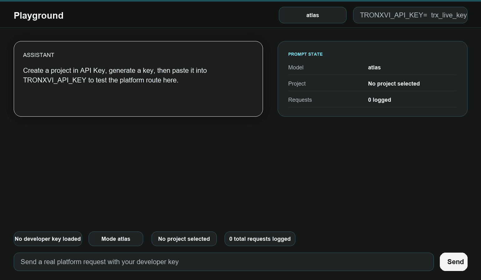Playground screen in TronXVI Platform