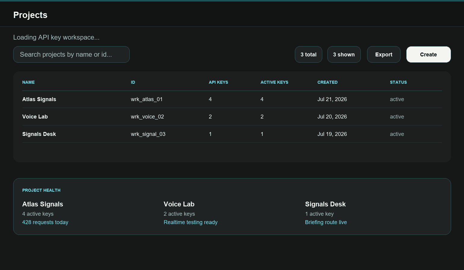 Projects screen in TronXVI Platform